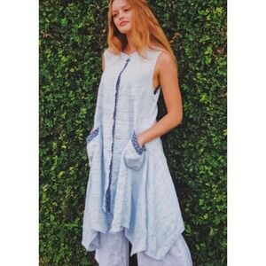 Yuvita Womens XS Blue White Striped 100% Linen Sleeveless Handkerchief Hem Dress